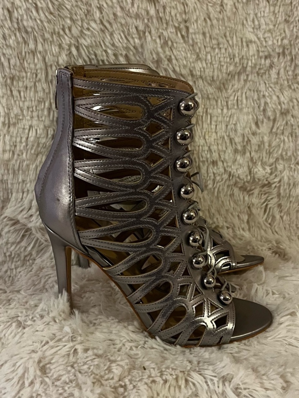 G by Guess Metallic Silver Cutout Lace-Up High Heel Sandal